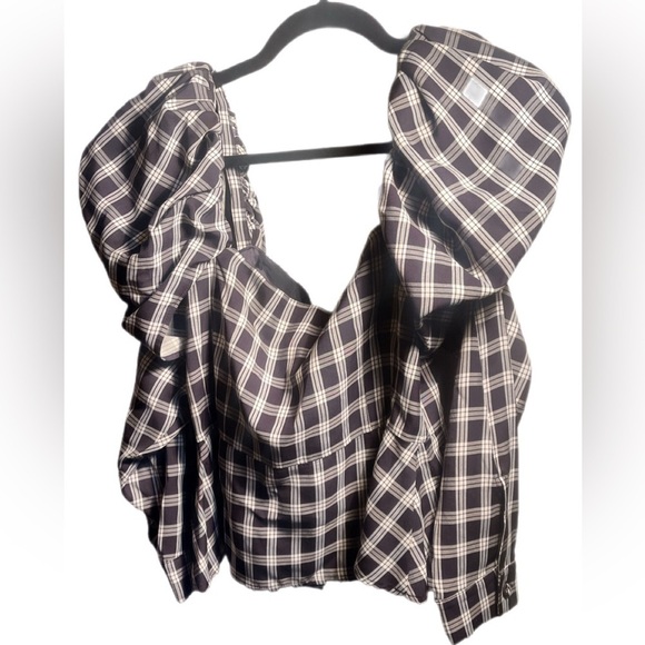 Mr Larkin “Penelope” puff sleeve checkered crop button up mid sleeve top L - Picture 2 of 5